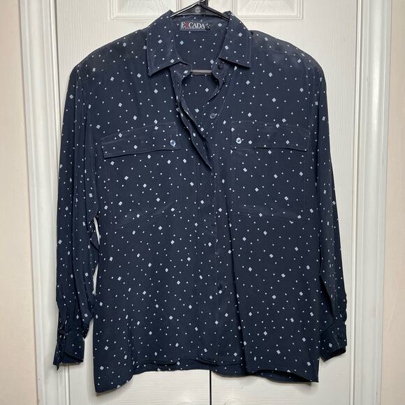 Escada Diamond Print Button Down Blouse Womens 38 Navy Blue - Picture 1 of 7
